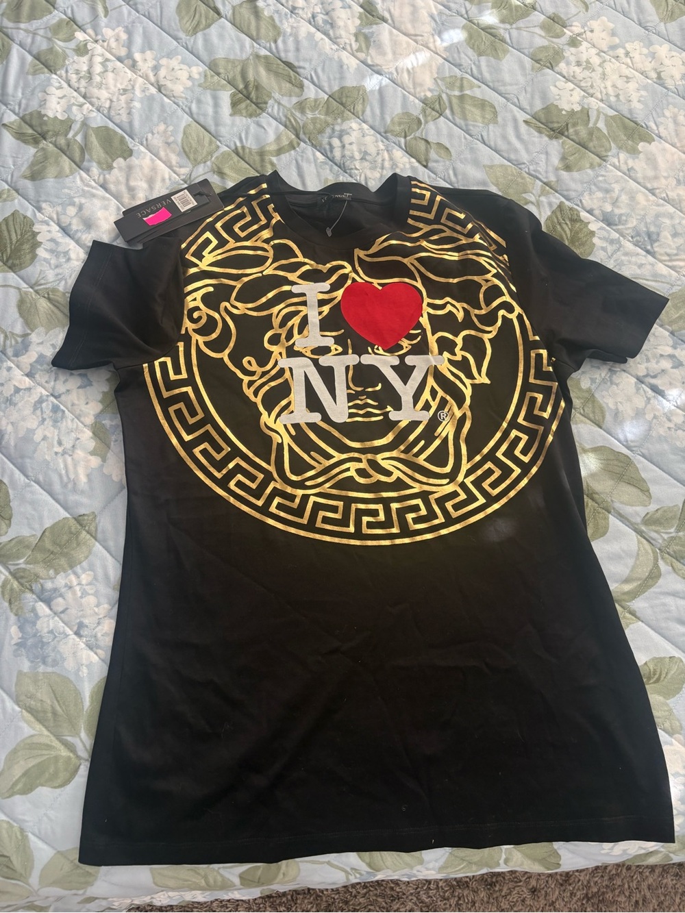 Versace Black Short-Sleeve Tee with Gold Medusa and Red Heart